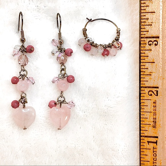 Pink & Mauve Dangle Earrings with Quartz Hearts - Picture 4 of 6